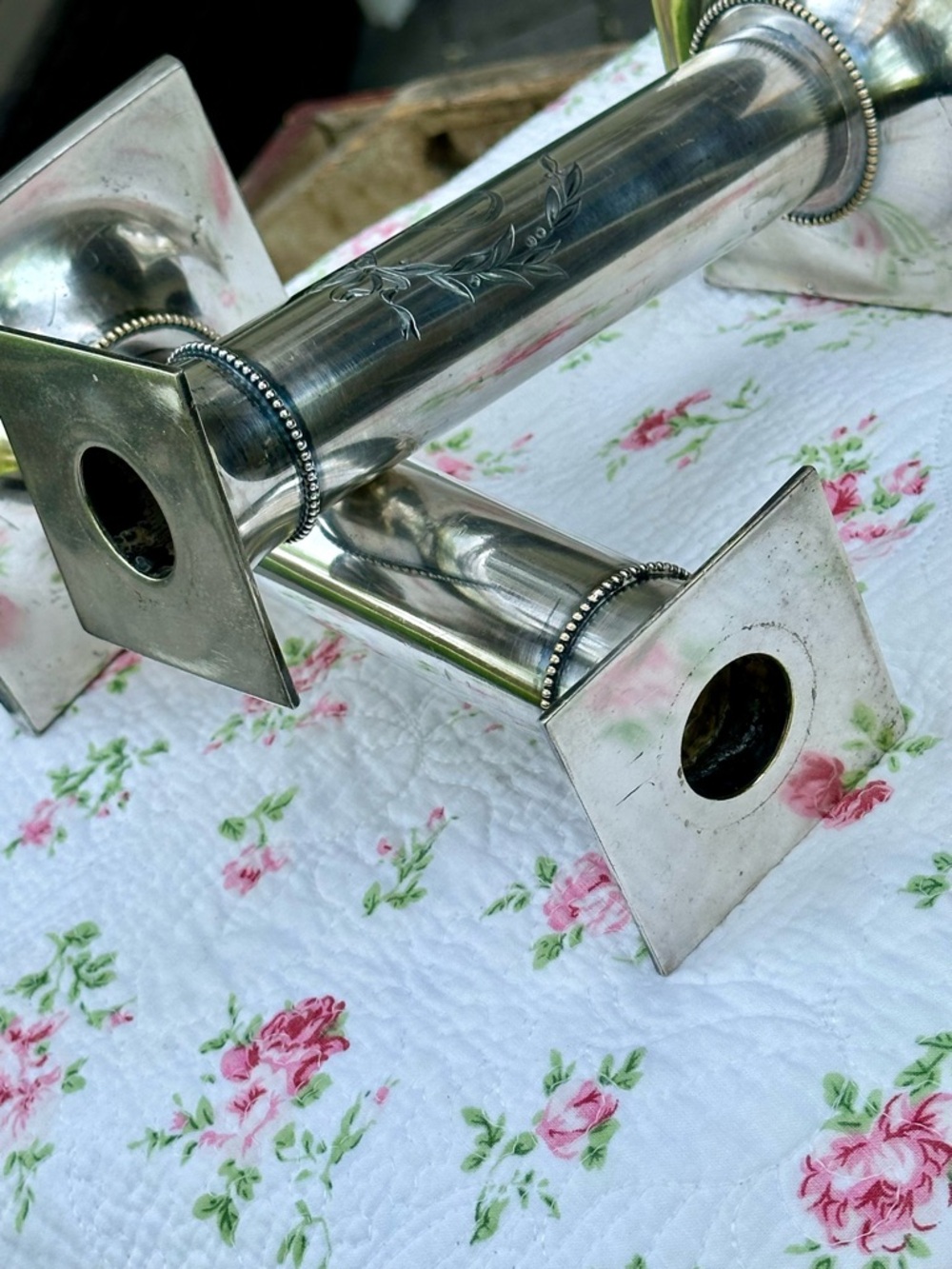 Vintage Pairpoint Silverplate Candlesticks Engraved Monogram Deco Pair - Picture 3 of 12